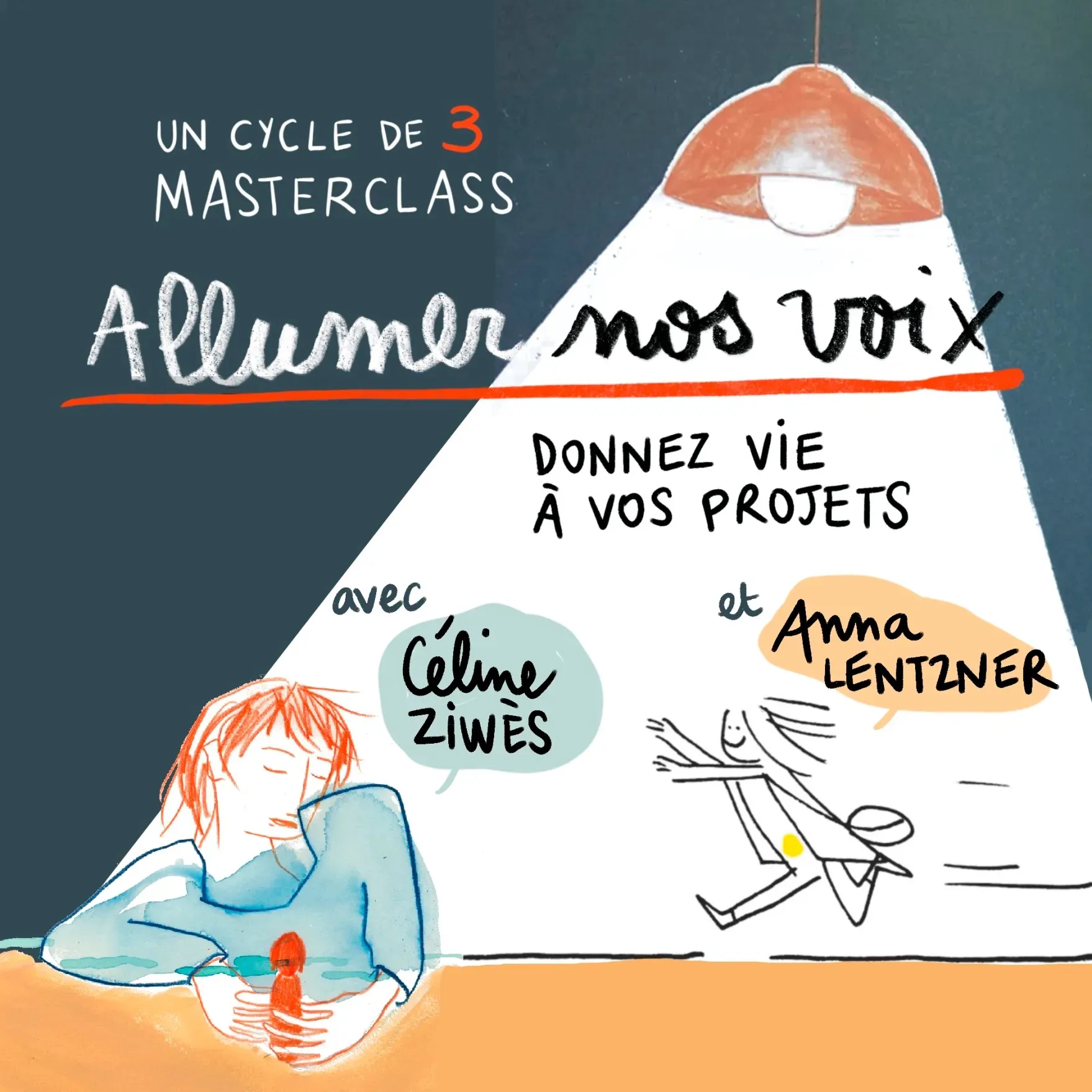 Affiche du cycle de trois masterclass « Allumer nos voix — donnez vie à vos projets », avec Céline Ziwès et Anna Lentzner