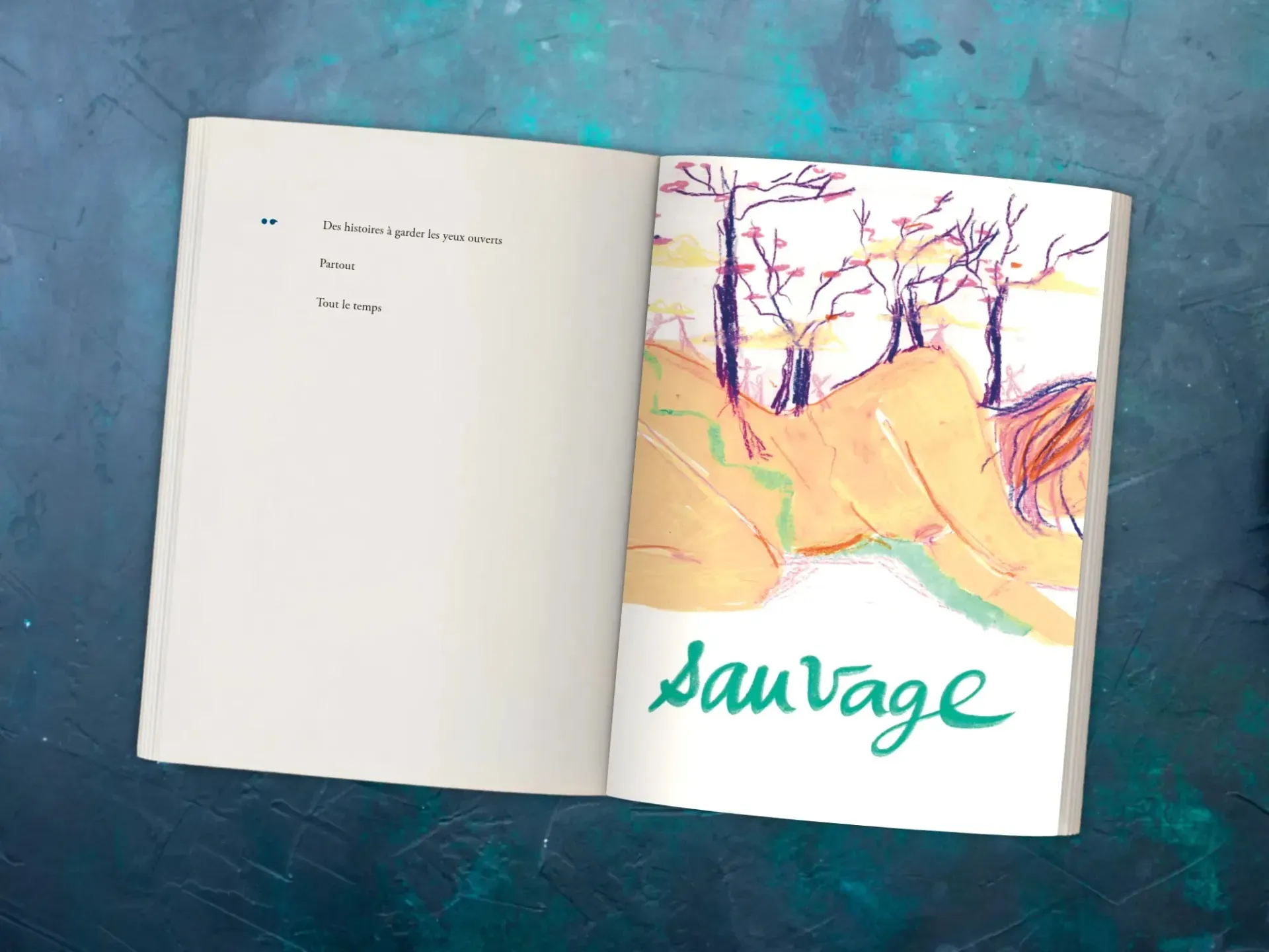 Double page de Wondermama : une silhouette allongée et le mot « sauvage »